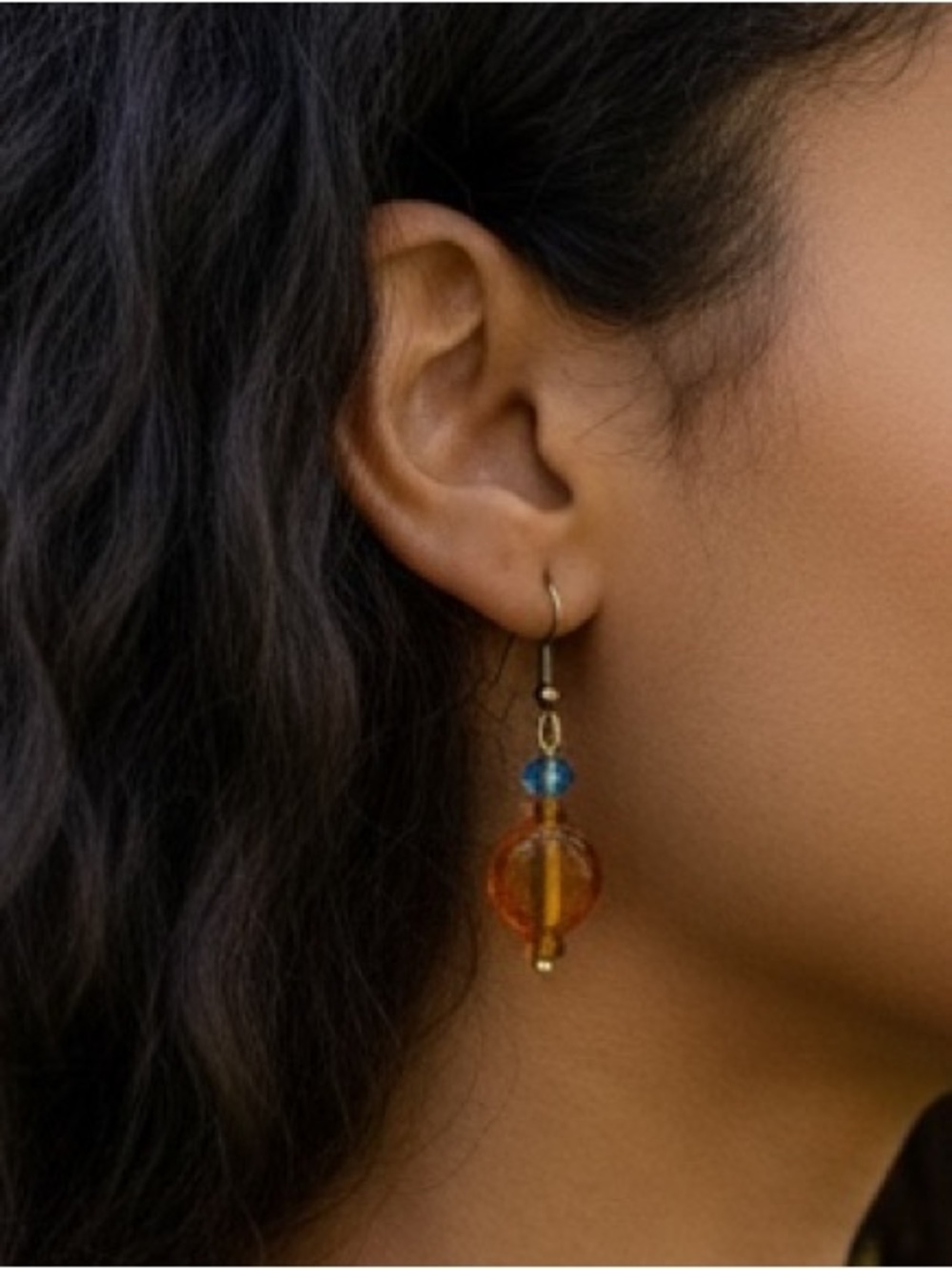 Handcrafted Glass Lampwork Bead Earrings | Amber Brown And Blue Handmade
